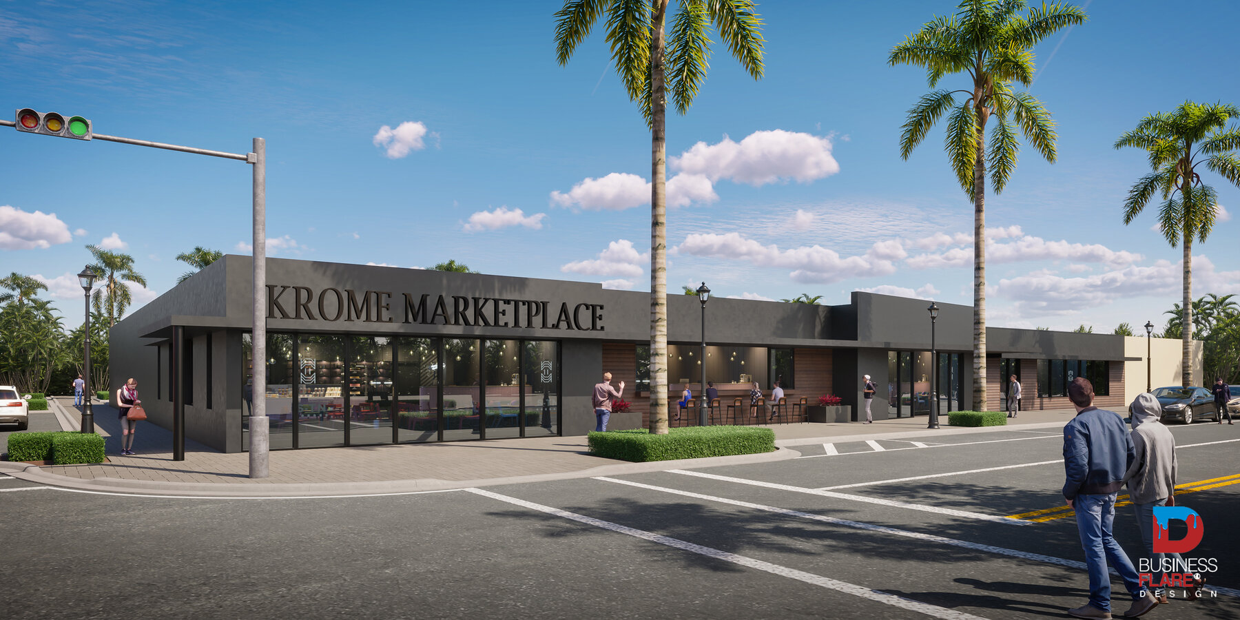 BusinessFlare® Design concept rendering of Krome Marketplace — the downtown food hall on a CRA-owned Krome Avenue site. BusinessFlare®.